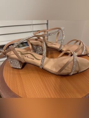 Nina Nude Rhinestone Strappy Block Heel Sandals